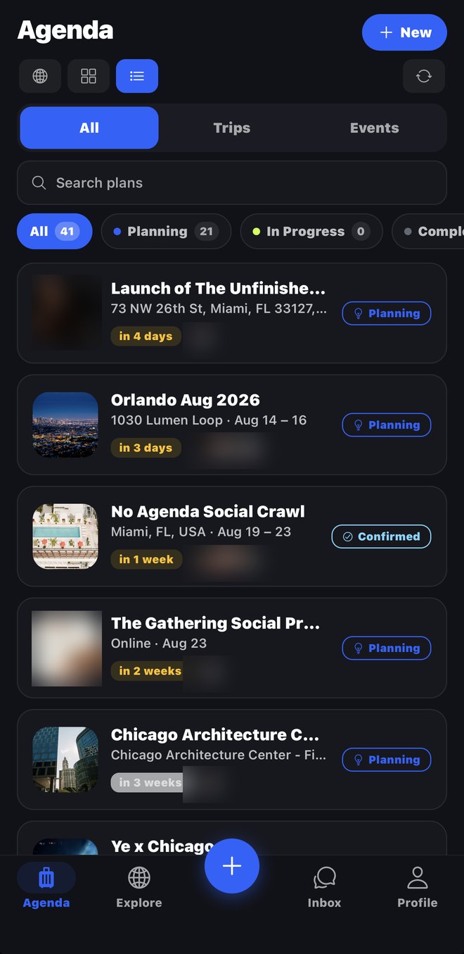 The Friendscape Agenda: a list of upcoming trips and events, each with a cover photo, dates and its planning status.