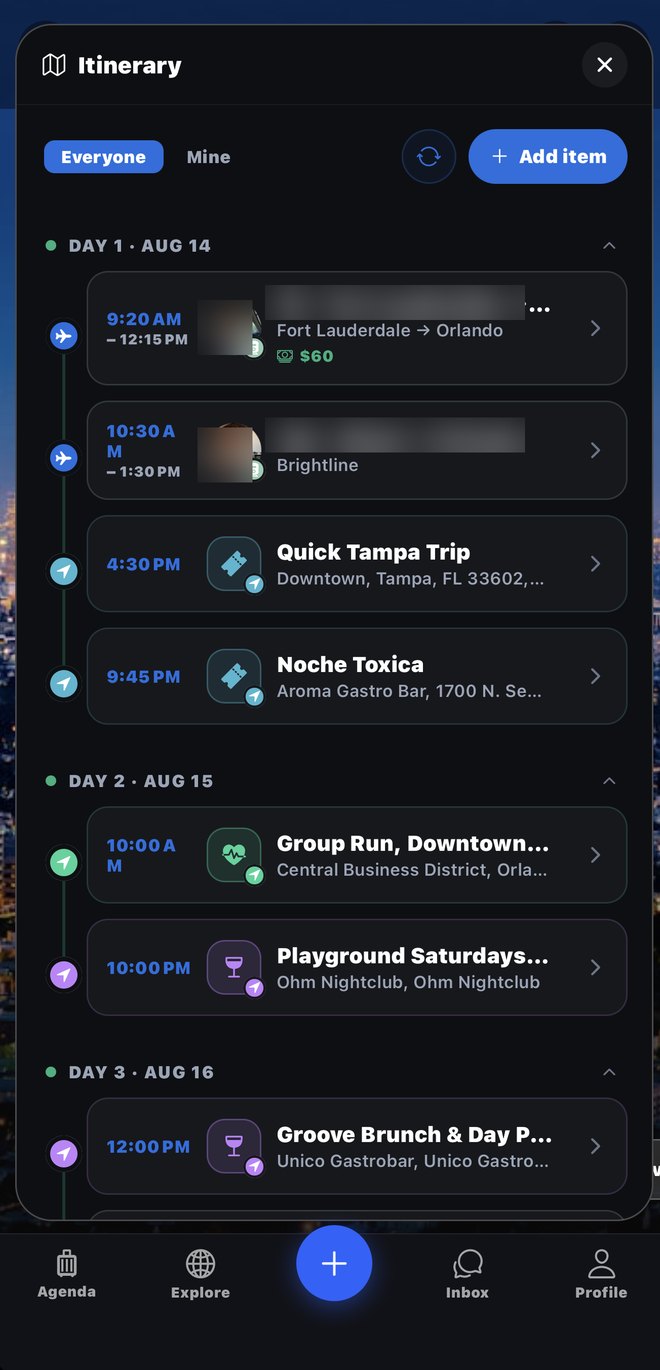 A trip itinerary grouped by day, showing flights with arrival times, a ticketed event and a nightclub, each in the destination's timezone.