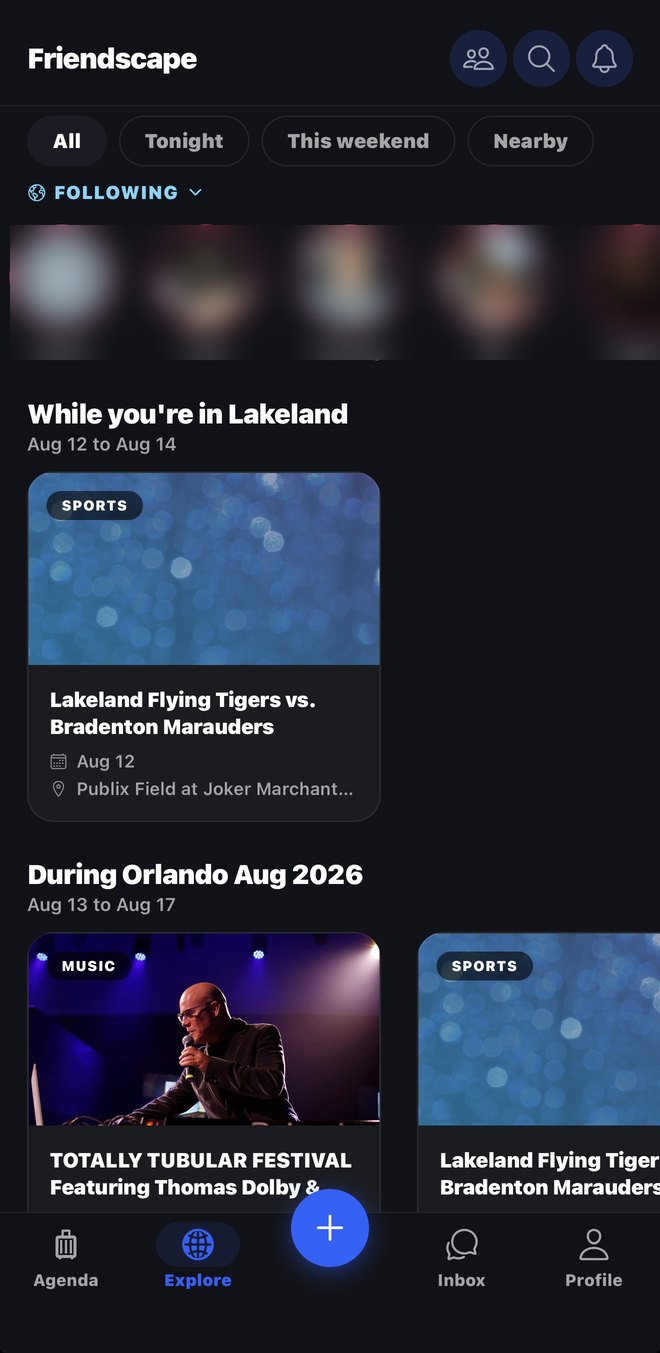 Explore, showing rails of real events for the city you are in and for an upcoming trip's dates.