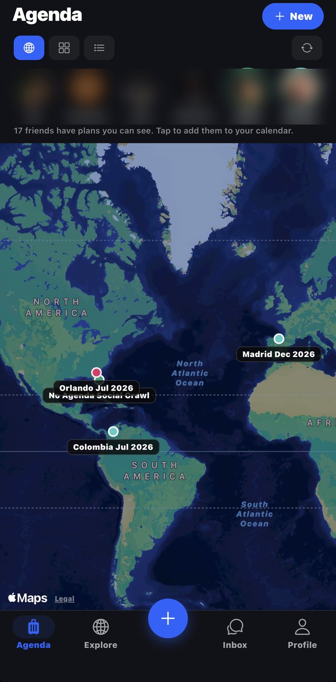 A world map with labelled pins showing friends' upcoming trips to Madrid, Orlando, Colombia and a Miami social crawl.